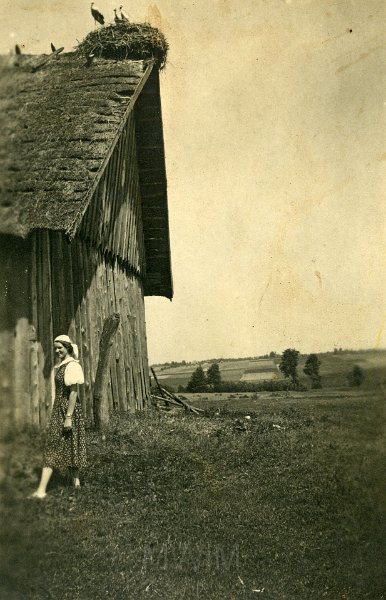 KKE 4975.jpg - Fot. Portret. Jadwiga Strumiłło na tle pola i szopy, Miratycze, lata 30-te XX wieku.